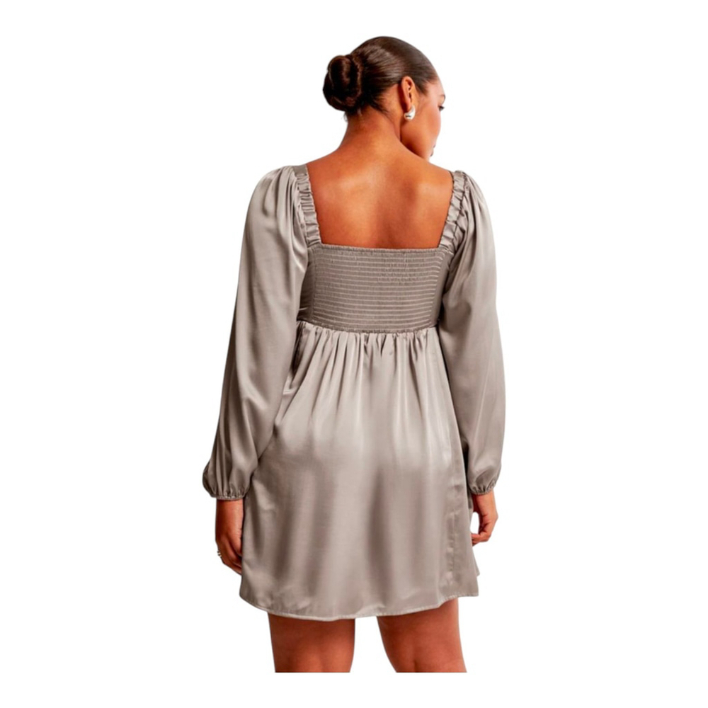 NEW Abercrombie & Fitch Emerson Satin Long Sleeve Mini Dress in Tan Large Tall - Picture 2 of 10
